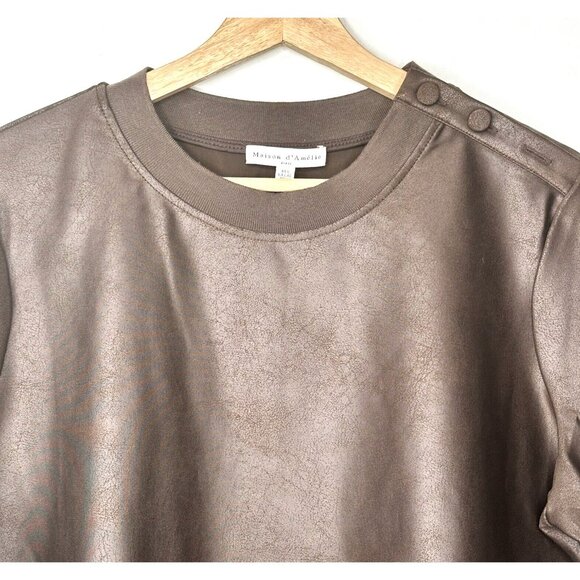 Maison D'amelie Womens Shirt Distressed Stretch Short Sleeve Blouse Brown Large - Picture 3 of 8